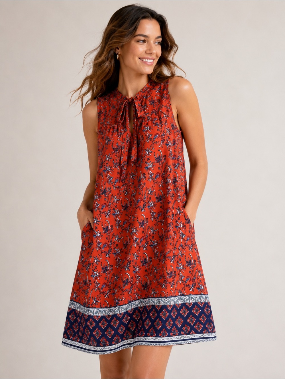 Xhilaration Rust Red Floral Sleeveless A-Line Dress with Navy Border